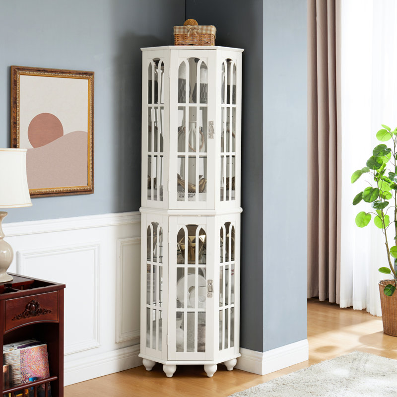Vitrine blanche avec 4 tablettes réglables et éclairage mobile en verre trempé, White