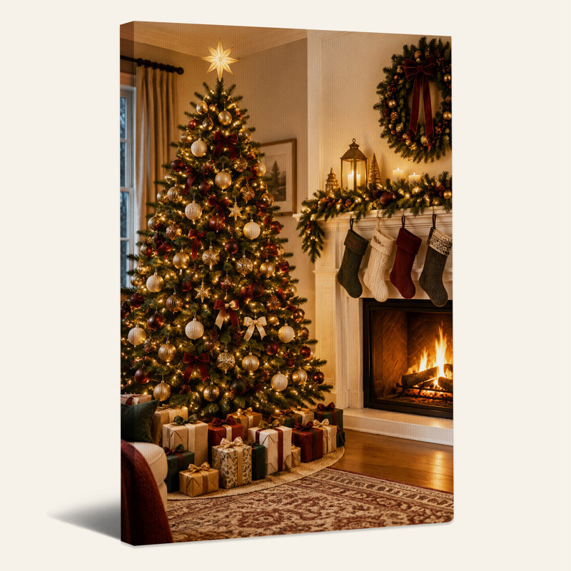 Décoration murale arbre décoré avec cheminée et bas de Noël, H 24 po x l 16 po
