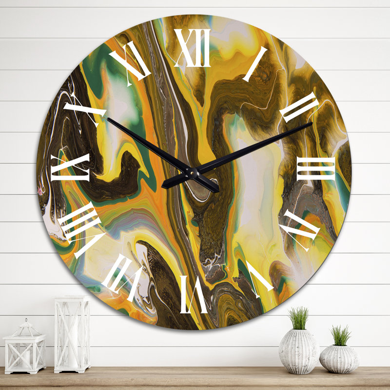 Horloge murale moderne vert jaune et marbre liquide I, Moyenne