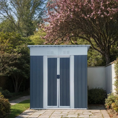 Abri de jardin extérieur 5 pi x 3 pi, toit en terrasse, rangement pour outils et équipement, gris