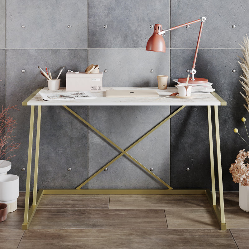 Hawkin 120cm W Rectangular Computer Desk, Ephesus Marble/Gold