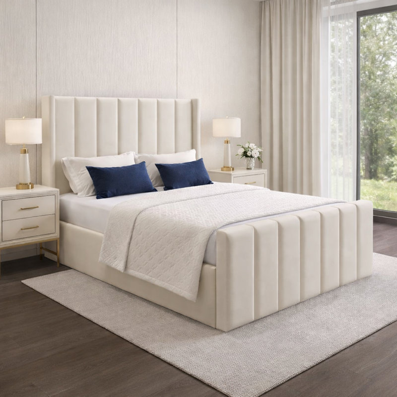 Premium Wingback Storage Bed Frame, King (5'), Cream