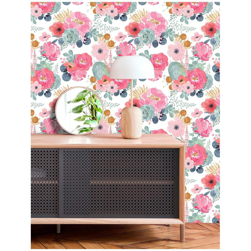 Papier peint à peler et coller - motif floral aquarelle de cactus, vinyle auto-adhésif, facile à installer, amovible, durable et facile à nettoyer
