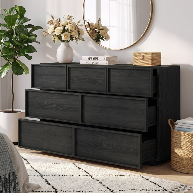 Commode moderne Abbate à 7 tiroirs, largeur de 120 cm, en bois, Noir