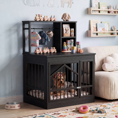 Small Dog Crate Furniture with Storage Shelves & Hanging Rod