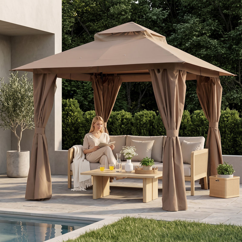 Pavillon de jardin en acier à toit double 8 pi x 8 pi Decksplore, Khaki