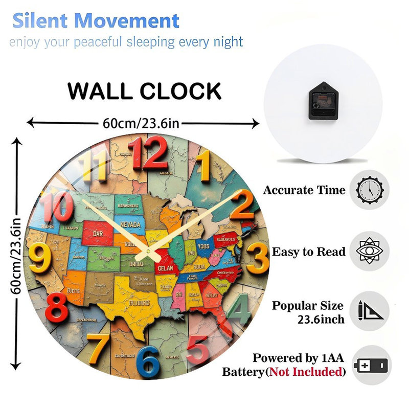 Horloge murale colorée avec carte des États-Unis, horloge murale 24 po
