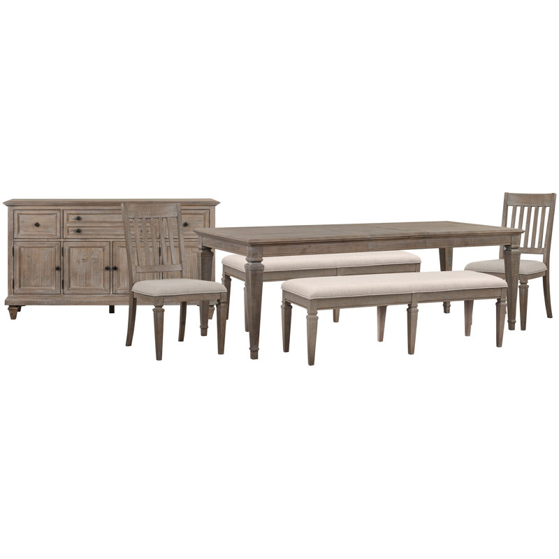 Extendable Rectangular Dining Table 2 Benches 2 Side Chairs And Buffet, 6 Pcs: Table, 2 Benches, 2 Chairs, Buffet