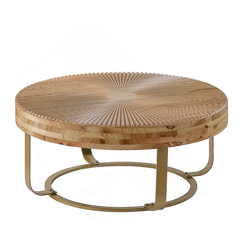 Modern Round Carved Wooden Coffee Table with Metal Legs for Living Room, Office, and Reception Areas, Gold
