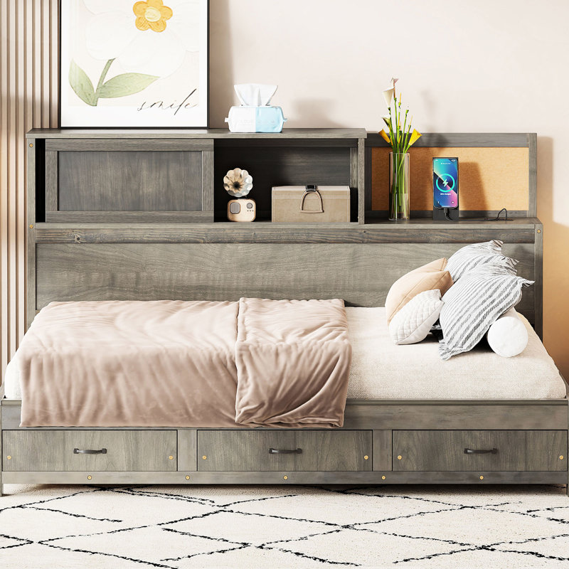 Lit de jour gris avec structure en bois, tiroirs de rangement, tableau souple supérieur et dispositif - Alimentation de charge pour les appareils en bois, avec 3 tablettes, électronique pratique