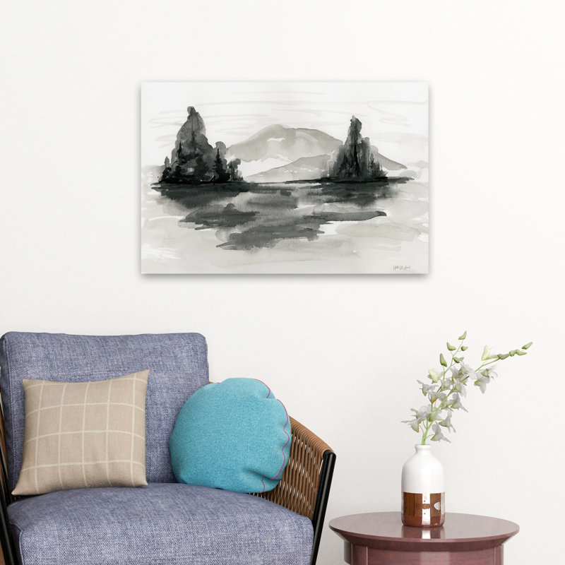 Paysage encre de chalet / auberge, H 24 po x l 16 po