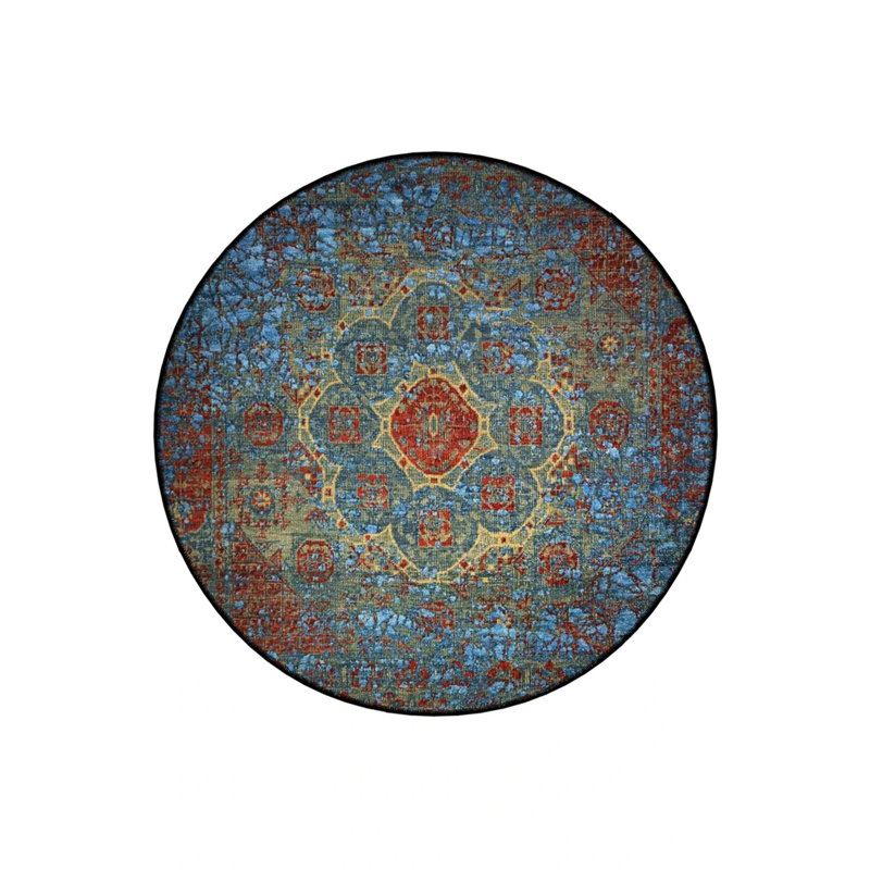 Blue Red Traditional Moroccan Ethnic Area Rug, Round 4'