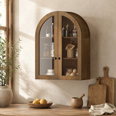 Arched Wall Mounted Cabinet, Wood Veneer Wall Storage Cabinet with Tempered Glass Doors, Easy Hanging Hardware Included, Decorative Floating Wall Cabinet for Bathroom Living Room