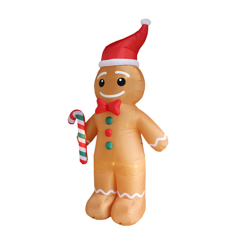 Grand homme gonflable en pain d'épice de Noël 12 pieds avec canne en bonbon rouge et vert avec lumières DEL intégrées