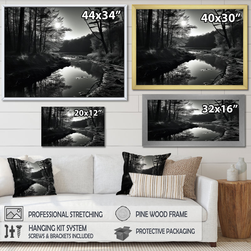 " Enchanted River Forest Scenery I ", 30" H x 40" W x 1.5" D, White Floater Framed