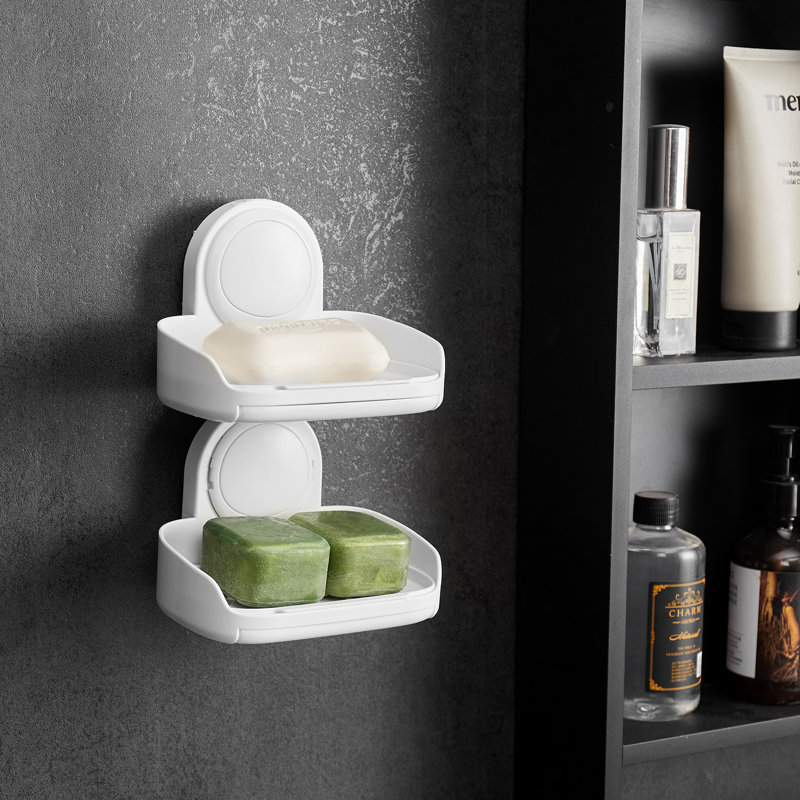 Suction Cup Soap Dish with Double Layer Holder with Drain Tray for Shower