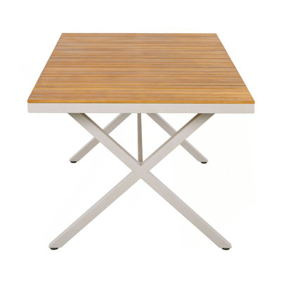 Outdoor 5-Piece Dining Set - Rectangular Teak Wood Table + 4 Wicker Chairs with Cushions, Beige Steel Frame, Teak Finish,Perfect for Patio, Deck, or Garden