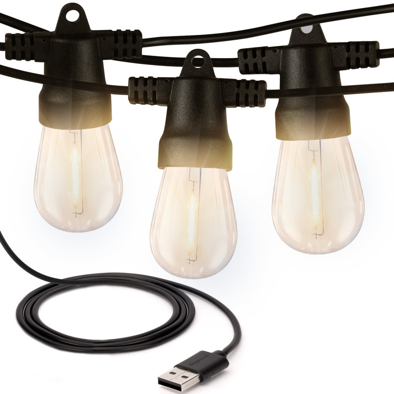 Ambience Pro 24.5 ft. USB-Powered Outdoor Patio LED String Lights with 10 Warm White S14 Edison Bulbs, Weatherproof, Shatterproof