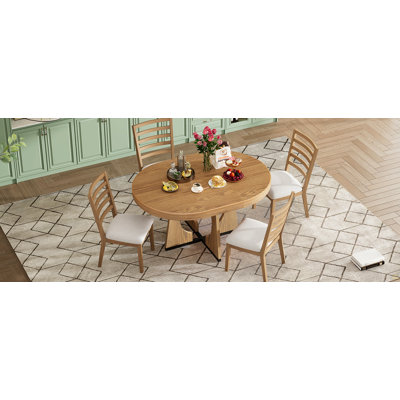 Round Dining Table for 4 with Chairs Set, Extendable Dining Table Set with 16" Removable Middle Leaf, 5 Piece Retro Dining Table Set Unique Geometric