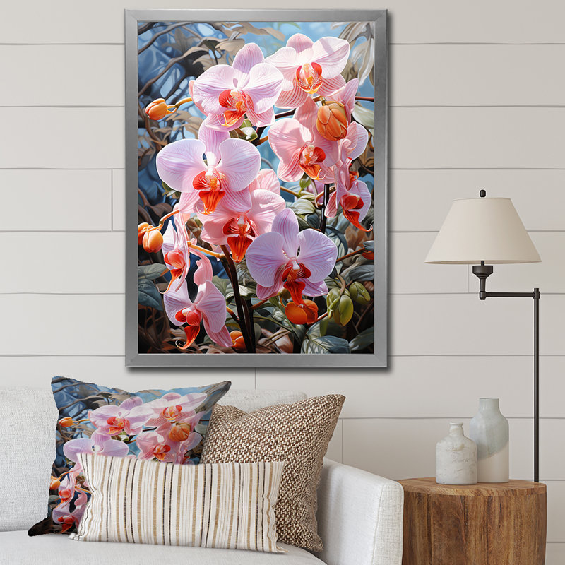 Orchidées roses, allure tropicale sur toile, H 40 po x l 30 po x P 1,5 po, Cadre photo argenté