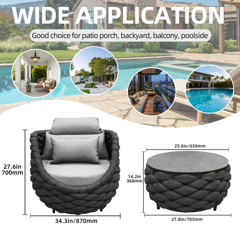 Ensemble de conversation de jardin 6 pièces pour terrasse, patio et bord de piscine, Light Grey, Dark Grey Polyester Rope