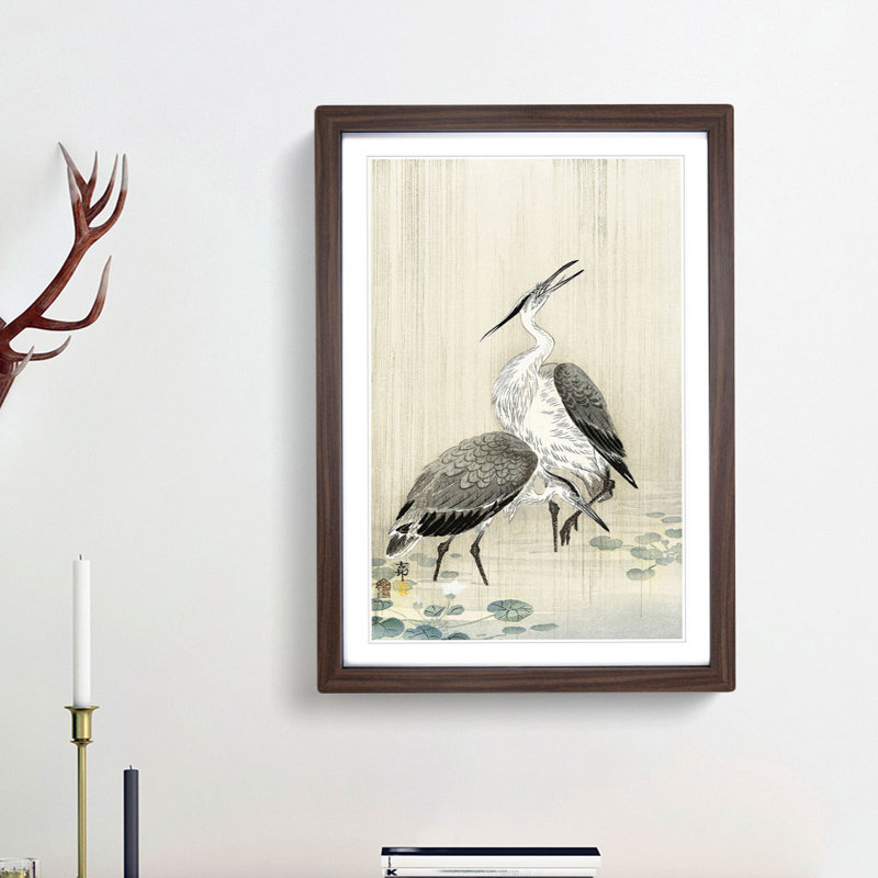 Two Herons in the Rain by Ohara Koson - Framed Print, 65cm H x 48cm W x 2cm D, Walnut Framed
