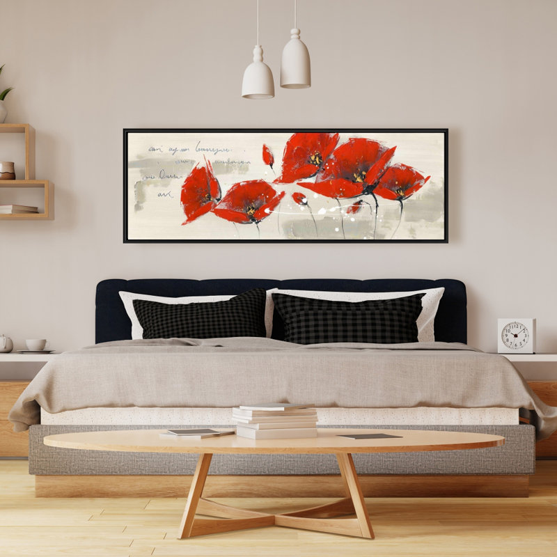 Fleurs rouges sur toile | Art botanique encadré rouge pour la décoration intérieure, H 49,25 po x l 17,25 po