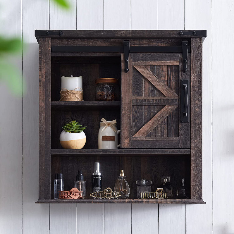 23.5" W Farmhouse Sliding Barn Door Wall Cabinet, Dark Rustic Brown