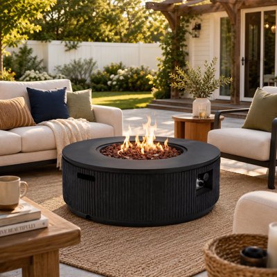 Lightweight MGO Round Propane Fire Pit With Vertical Stripe Design, Steel Burner, Adjustable Flame, Lava Rocks & Rain Cover Included