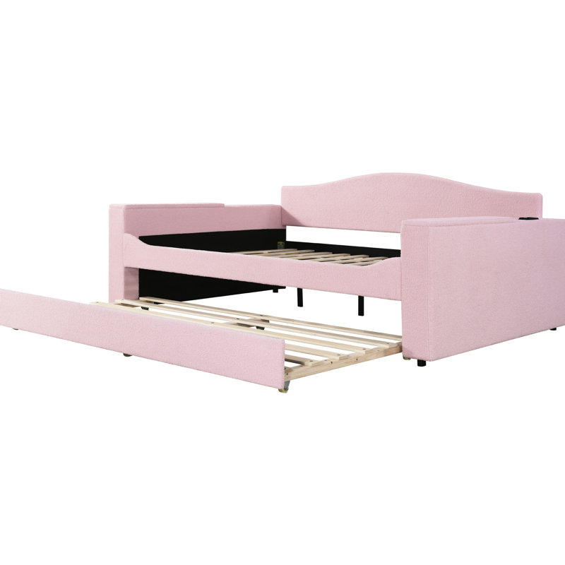 Lit de jour moderne rembourré avec rangement et système, molleton rose, gigogne avec accoudoirs Space Design, appareil audio