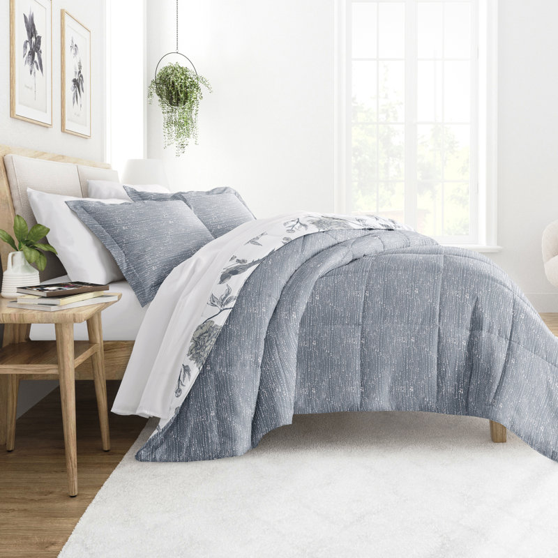 Light Blue Floral Down Alternative Reversible Comforter Set, Full