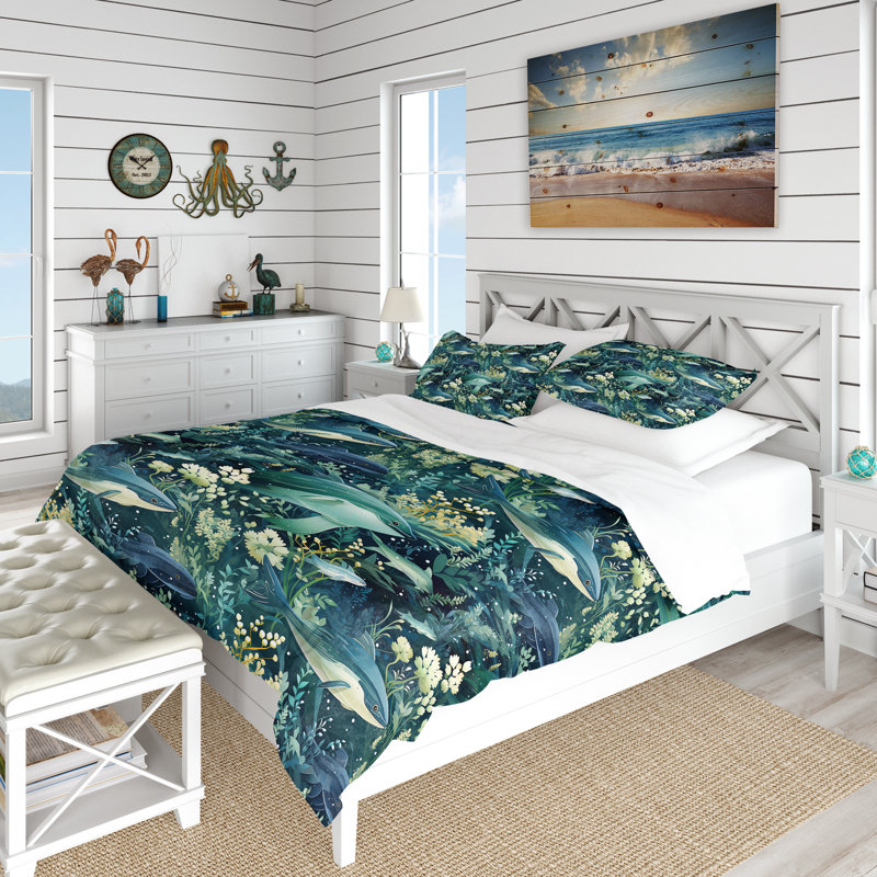 Ensemble de housse de couette Oceanic Whale Coastal Pattern, Housse de couette pour très grand lit et 2 très