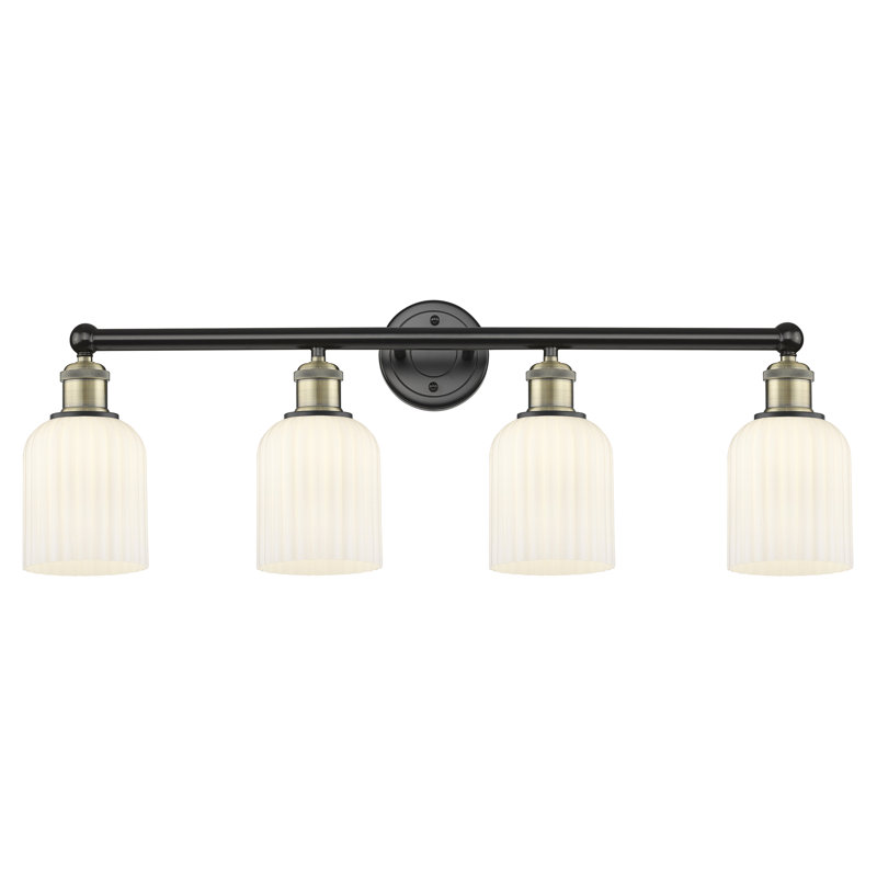 Éclairage pour meuble-lavabo à 4 lumières à intensité variable Fiennes Veil, Laiton antique noir, Blanc