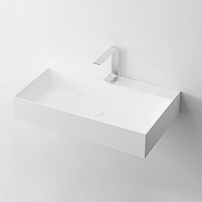 36" X 18" Solid Surface Wall Mounted Rectangle Matte White Bathroom Vessel Sink With Faucet Hole. Spacious For Modern Bath Themes. Stone Resin Attribute. Easy Installation Assurance Bathrooms.