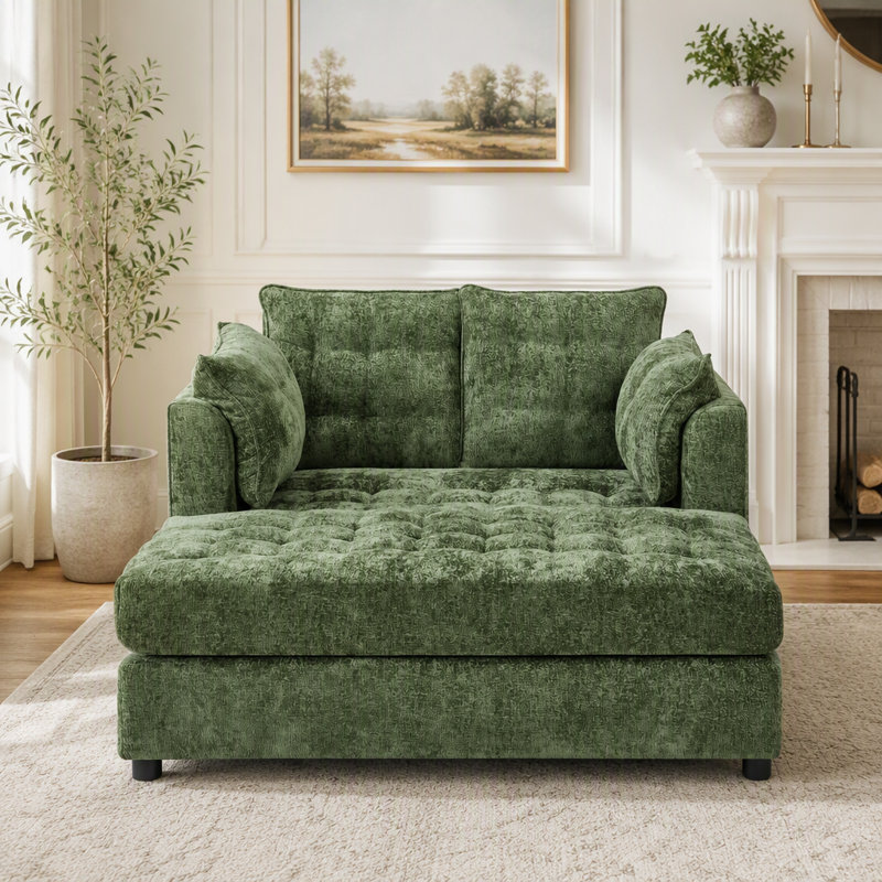 Canapé méridienne surdimensionné de 139 cm avec accoudoirs, coussins et tissu chenille, Chenille verte