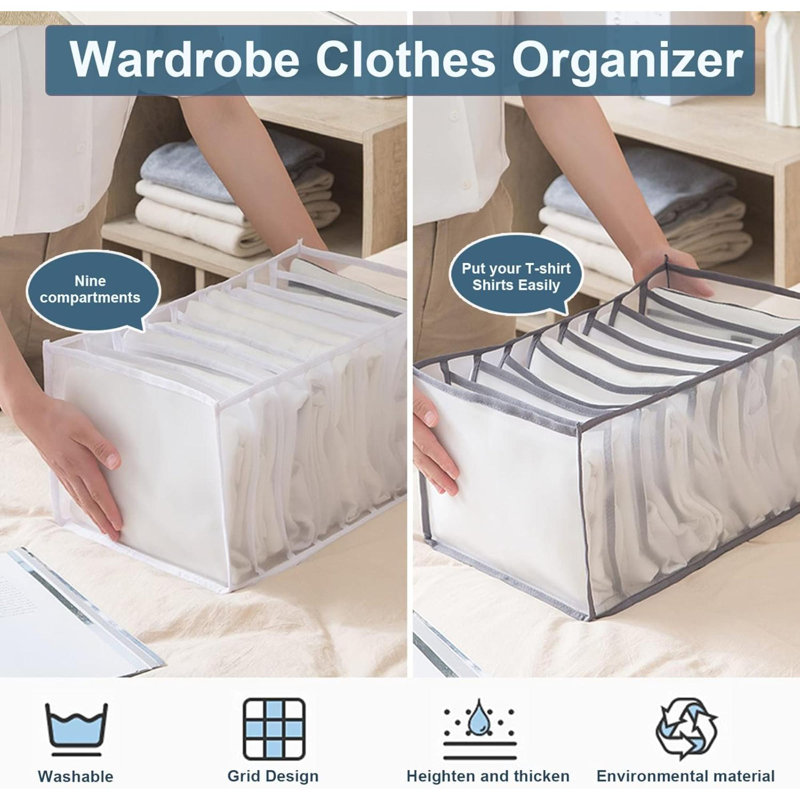 2Pcs Wardrobe Clothes Organizer, 9Grids Visible Foldable Closet Organizers, Compartment Storage Box With Mesh Separation, Washable Drawer Dividers Organizers For T-Shirt & Shirts (Shirts)