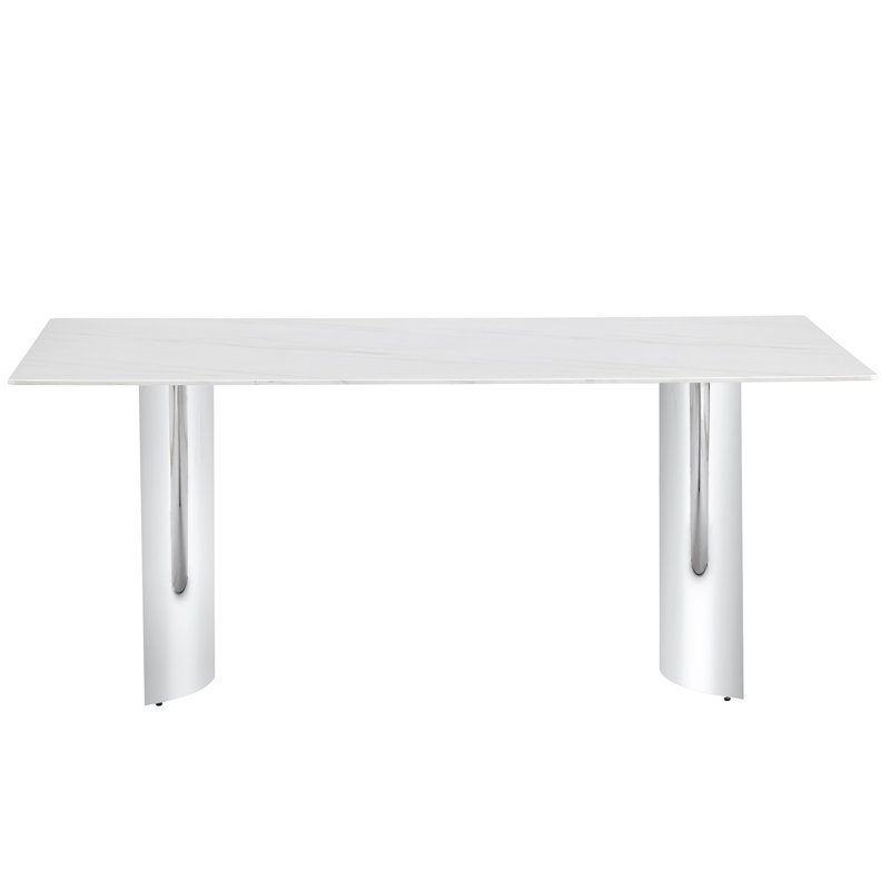 Table de salle à manger contemporaine de 71 po avec base en verre blanc et argent, idéale pour les petits-déjeuners en famille