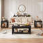 Tables basses de style campagnard pour le salon, table basse carrée avec tablette de rangement ouverte, grande table basse, table centrale en bois rustique (noir)-1318943059-1318943071