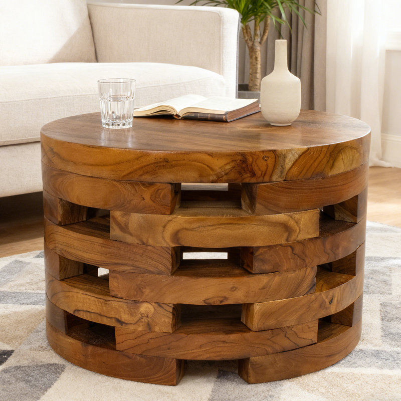 Solid Wood Slatted Drum Style Round Coffee Table