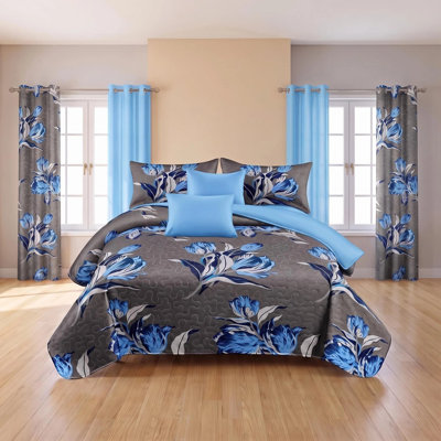 Ensemble de literie et rideaux 9 pièces à très grand motif floral gris et bleu (grand / très grand / très grand californien) - Couvre-lit matelassé en microfibre + voilages