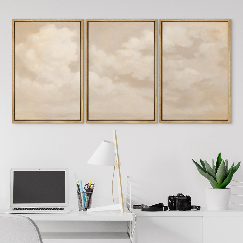 «Neutral Beige Cloudscape Minimalist Abstract Sky Landscape Wall Art Decor», impression sur toile 3 pièces, H 24 po x l 16 po