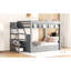 Lit superposé double en bois gris pleine grandeur, conception convertible avec escalier de rangement, table de chevet, 3 tiroirs et système de support pour matelas