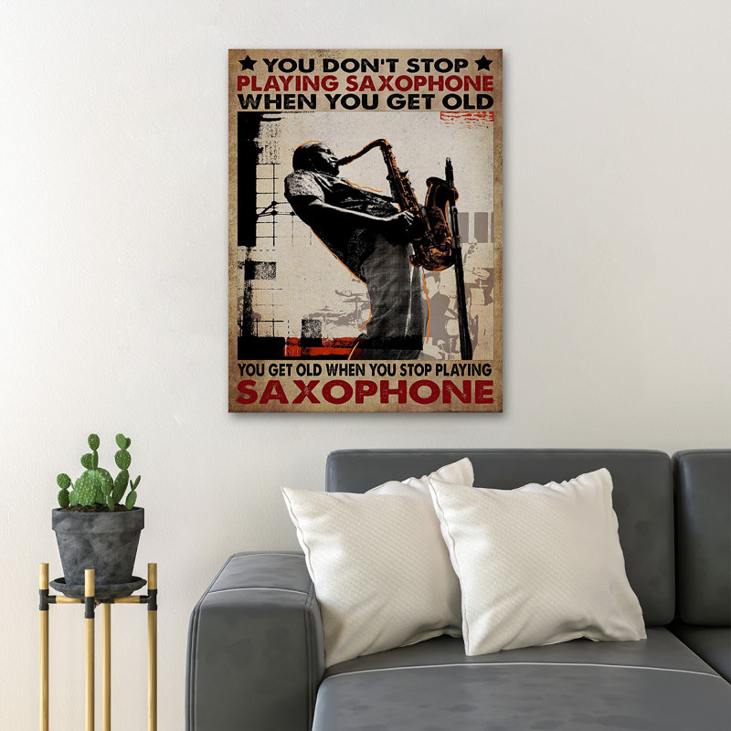 «Man jouant du saxophone - Vous ne cessez pas de jouer du saxophone lorsque vous obtenez une vieille toile tendue», Illustration musicale, décor de salon noir