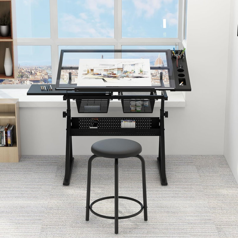 Table à dessin avec tabouret, table à dessin à hauteur ajustable, poste de travail d'artisanat multifonctionnel avec 2 tiroirs de rangement, plateau de travail en verre pour bureau à domicile pour artistes, noir