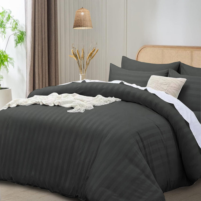 Microfiber Striped Duvet Cover Set with Pillowcases, Charcoal, Super King Duvet Cover Set + 2 Pillowcases