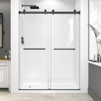 55"-60" W X 78" H Matte Black Reversible Installation Double Bypass Sliding Shower Door Easy Installation Frameless Shower Door,1/4"(6MM) Tempered Glass With Nano Explosion-Proof Film