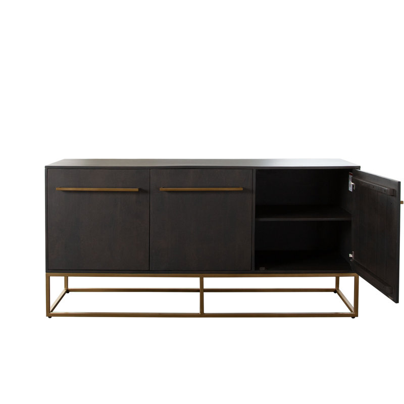 Encore Solid Mango Wood 3-Door Sideboard In Grey Oak Finish W/ Gold Metal Handle & Base
