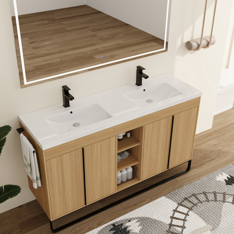 Meuble-lavabo double autoportant 60 po avec plateau en résine Zarnby, 60''