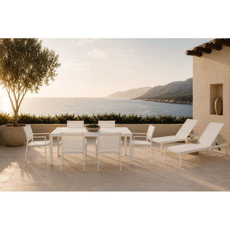 Aynura 9-Piece Outdoor Dining & Lounge Set – White Powder-Coated Aluminum Patio Furniture with 71" Dining Table, Stackable Chairs & Reclining Loungers - White