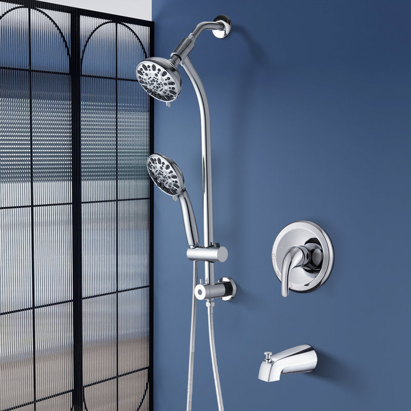 Drill-Free Stainless Steel Slide Bar Combo Rain Showerhead 7-Setting Hand, Dual Shower Head Spa System With Tup Spout (Rough-In Valve Included)